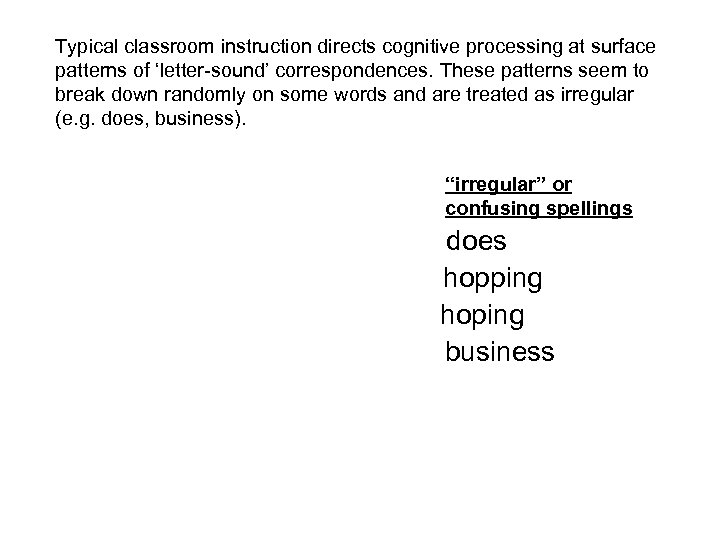 Typical classroom instruction directs cognitive processing at surface patterns of ‘letter-sound’ correspondences. These patterns