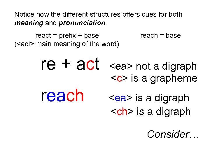 Notice how the different structures offers cues for both meaning and pronunciation. react =