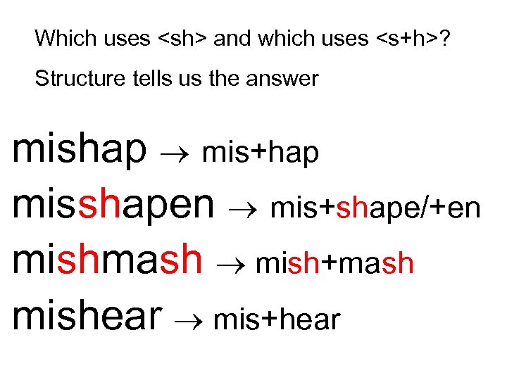 Which uses <sh> and which uses <s+h>? Structure tells us the answer mishap mis+hap
