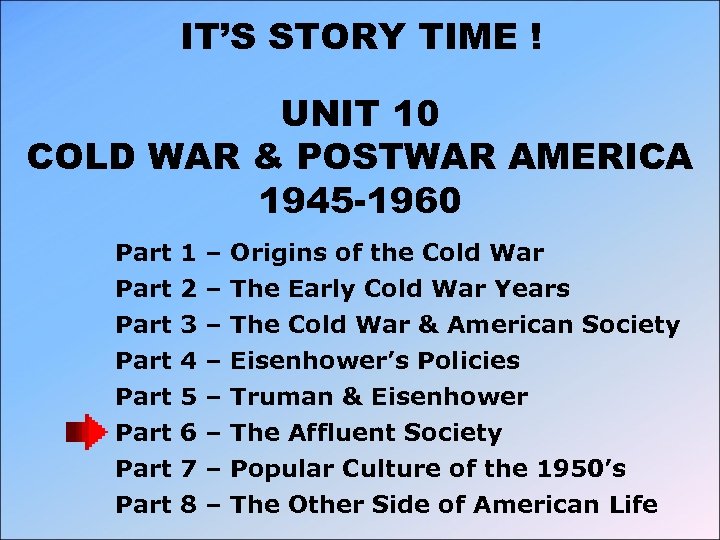 IT’S STORY TIME ! UNIT 10 COLD WAR & POSTWAR AMERICA 1945 -1960 Part