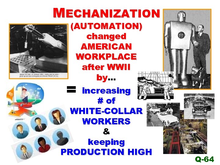 MECHANIZATION (AUTOMATION) changed AMERICAN WORKPLACE after WWII by… by increasing # of WHITE-COLLAR WORKERS