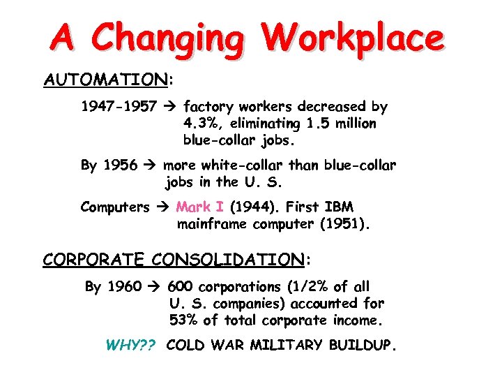 A Changing Workplace AUTOMATION: 1947 -1957 factory workers decreased by 4. 3%, eliminating 1.