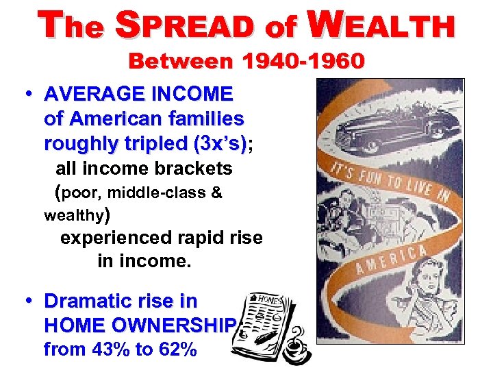 The SPREAD of WEALTH Between 1940 -1960 • AVERAGE INCOME of American families roughly