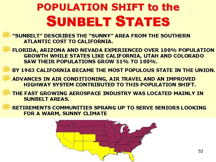 POPULATION SHIFT to the SUNBELT STATES “SUNBELT” DESCRIBES THE “SUNNY” AREA FROM THE SOUTHERN