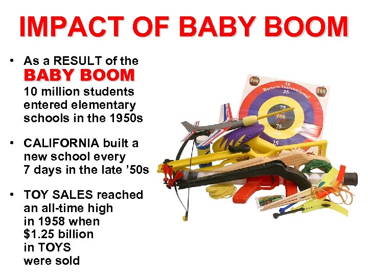 IMPACT OF BABY BOOM • As a RESULT of the BABY BOOM 10 million