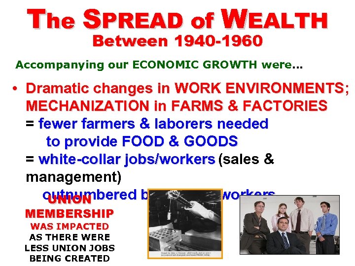 The SPREAD of WEALTH Between 1940 -1960 Accompanying our ECONOMIC GROWTH were… • Dramatic