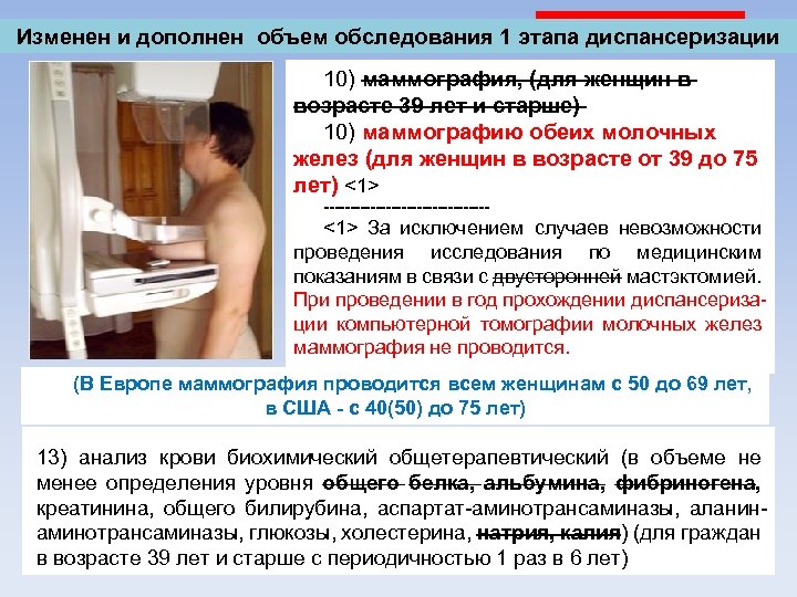 Изменен и дополнен объем обследования 1 этапа диспансеризации 10) маммография, (для женщин в возрасте