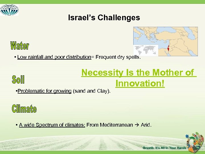 Israel’s Challenges • Low rainfall and poor distribution= Frequent dry spells. Necessity Is the