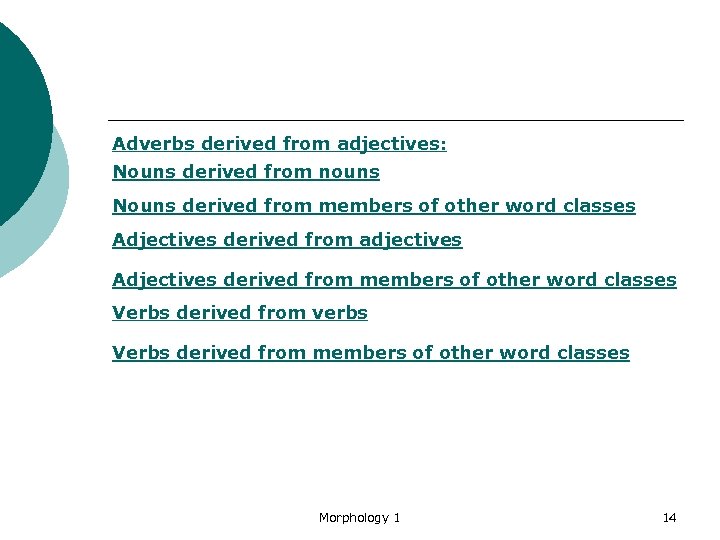 Adverbs derived from adjectives: Nouns derived from nouns Nouns derived from members of other