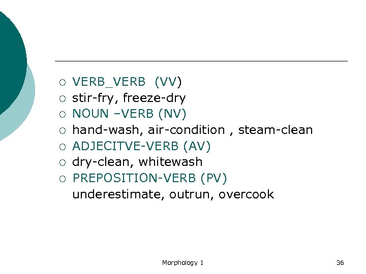 ¡ ¡ ¡ ¡ VERB_VERB (VV) stir-fry, freeze-dry NOUN –VERB (NV) hand-wash, air-condition ,