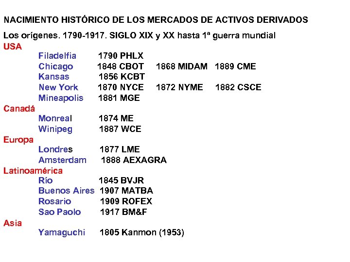 NACIMIENTO HISTÓRICO DE LOS MERCADOS DE ACTIVOS DERIVADOS Los orígenes. 1790 -1917. SIGLO XIX