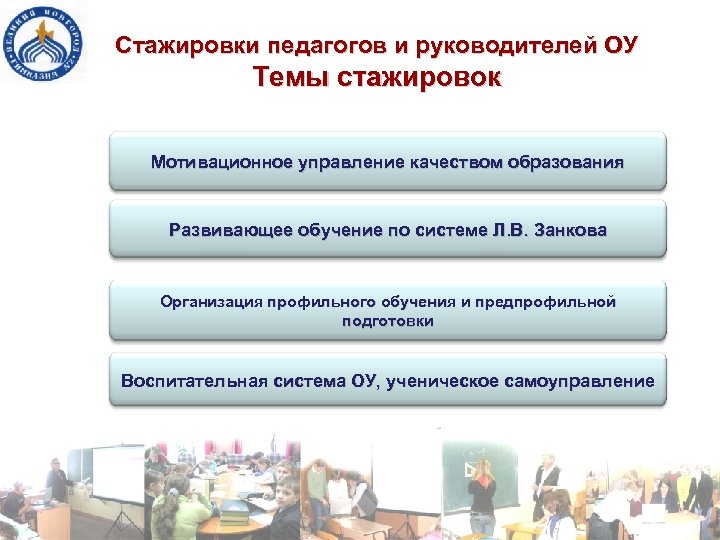 Стажировки педагогов и руководителей ОУ Темы стажировок Мотивационное управление качеством образования Развивающее обучение по