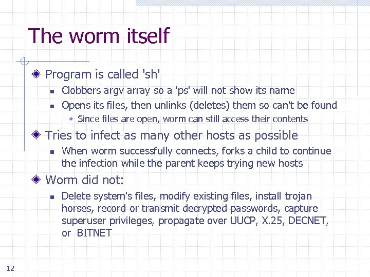 The worm itself Program is called 'sh' n n Clobbers argv array so a