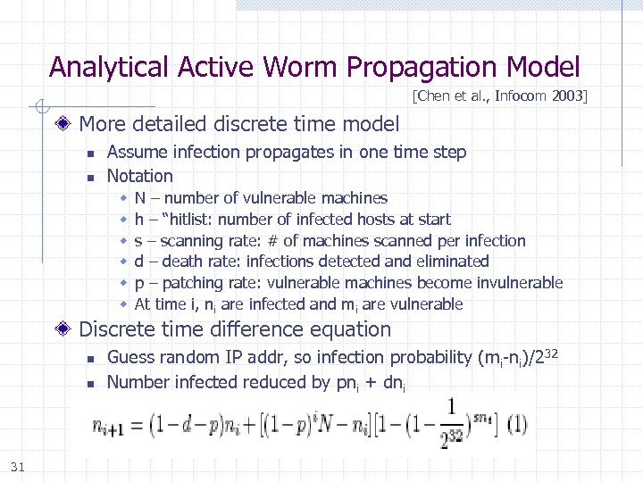 Analytical Active Worm Propagation Model [Chen et al. , Infocom 2003] More detailed discrete