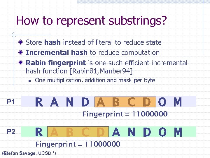 How to represent substrings? Store hash instead of literal to reduce state Incremental hash