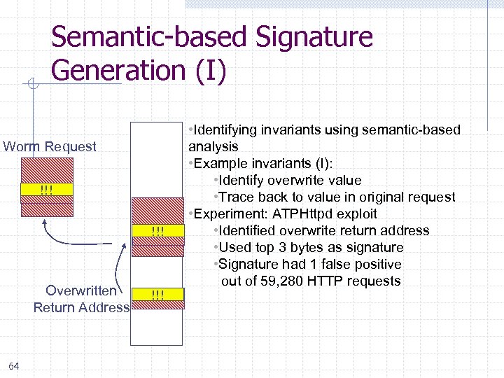Semantic-based Signature Generation (I) Worm Request !!! Overwritten Return Address 64 !!! • Identifying