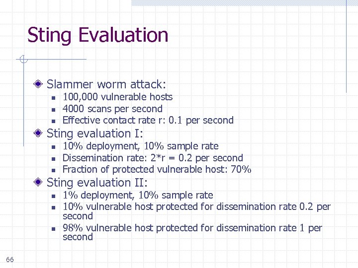 Sting Evaluation Slammer worm attack: n n n 100, 000 vulnerable hosts 4000 scans