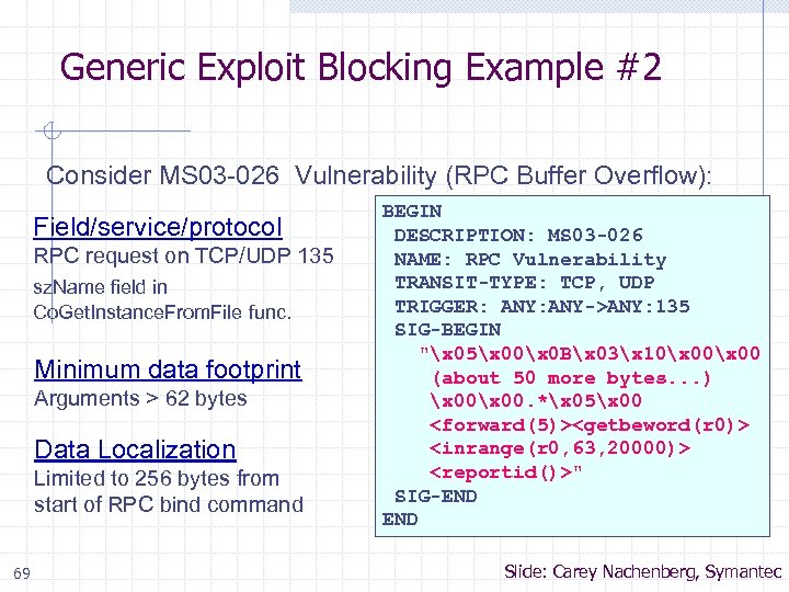 Generic Exploit Blocking Example #2 Consider MS 03 -026 Vulnerability (RPC Buffer Overflow): Field/service/protocol
