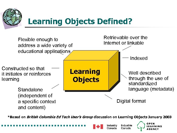 Learning Objects Defined? Flexible enough to address a wide variety of educational applications Retrievable