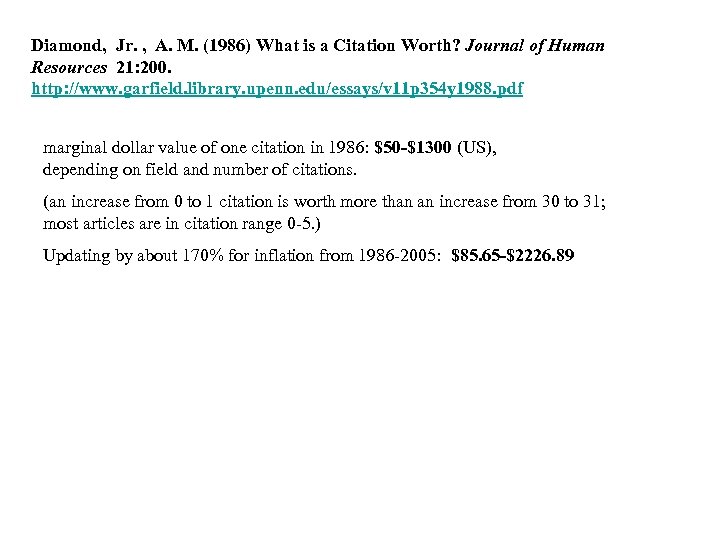 Diamond, Jr. , A. M. (1986) What is a Citation Worth? Journal of Human