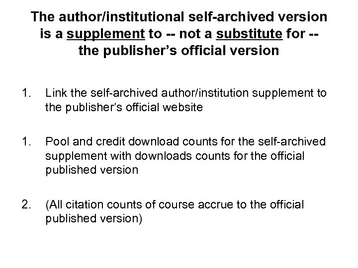 The author/institutional self-archived version is a supplement to -- not a substitute for -the