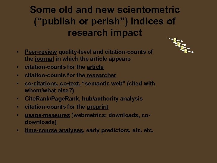 Some old and new scientometric (“publish or perish”) indices of research impact • •