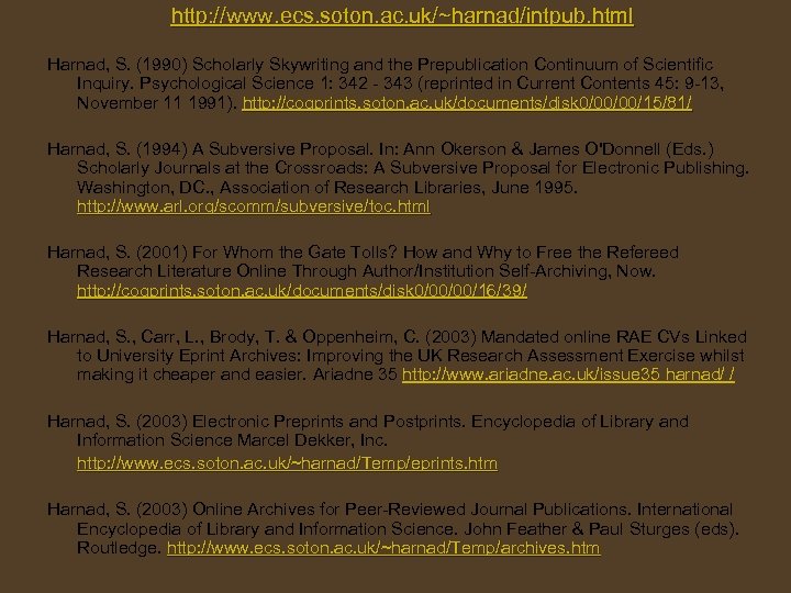 http: //www. ecs. soton. ac. uk/~harnad/intpub. html Harnad, S. (1990) Scholarly Skywriting and the