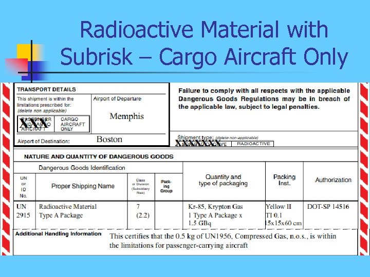 Radioactive Material with Subrisk – Cargo Aircraft Only 