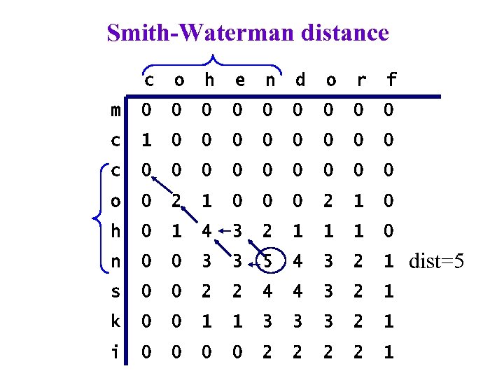 Smith-Waterman distance c o h e n d o r f m 0 0