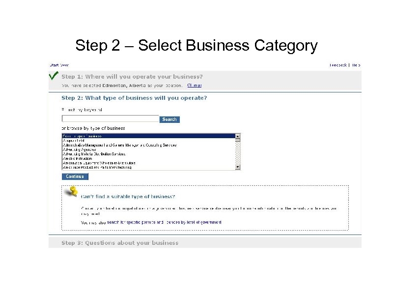 Step 2 – Select Business Category 