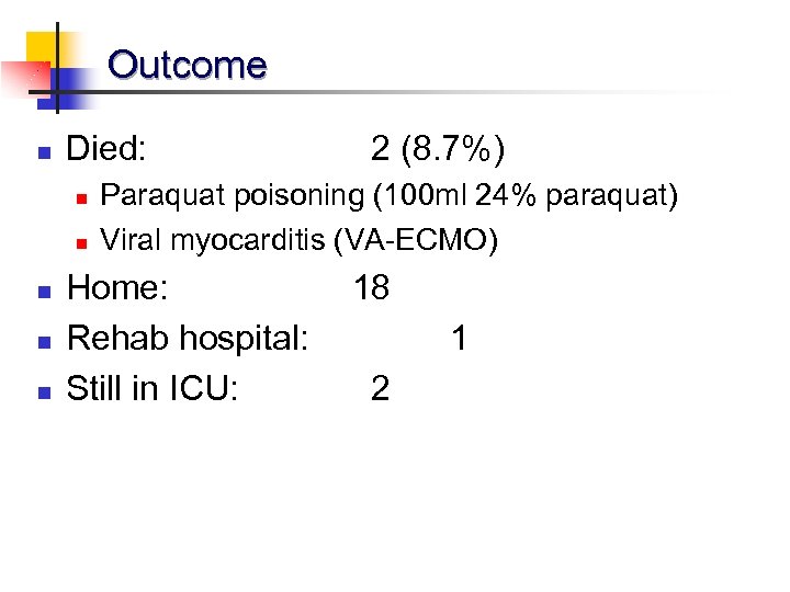 Outcome n Died: n n n 2 (8. 7%) Paraquat poisoning (100 ml 24%
