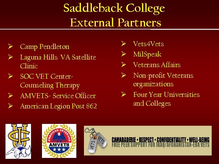 Saddleback College External Partners Ø Camp Pendleton Ø Laguna Hills VA Satellite Clinic Ø