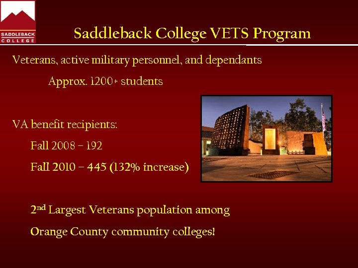 Saddleback College VETS Program Veterans, active military personnel, and dependants Approx. 1200+ students VA