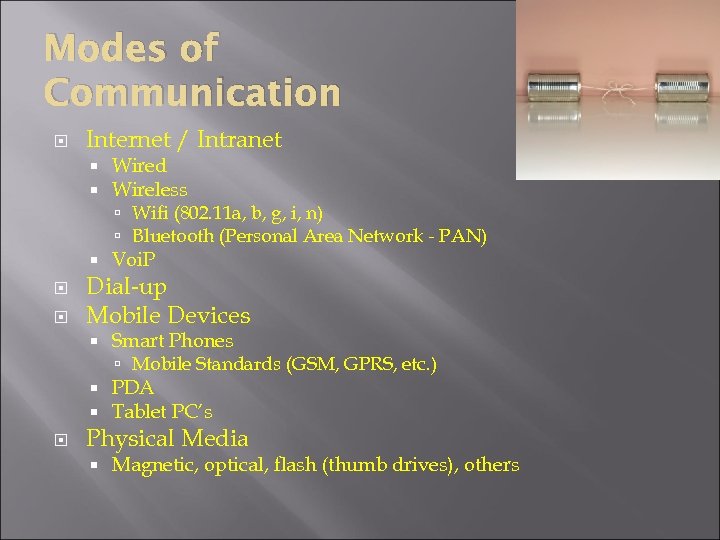 Modes of Communication Internet / Intranet Wired Wireless Wifi (802. 11 a, b, g,