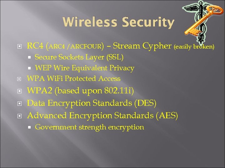 Wireless Security RC 4 (ARC 4 /ARCFOUR) – Stream Cypher (easily broken) Secure Sockets
