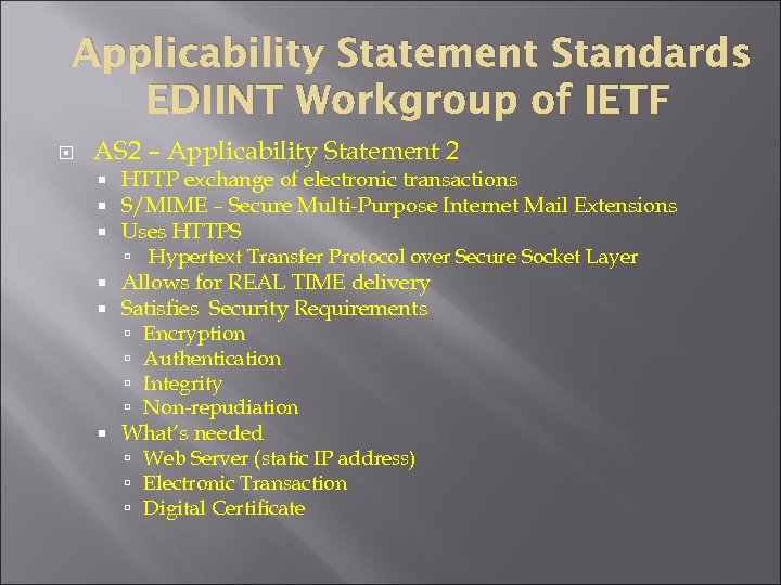 Applicability Statement Standards EDIINT Workgroup of IETF AS 2 – Applicability Statement 2 HTTP