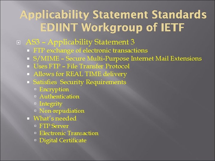 Applicability Statement Standards EDIINT Workgroup of IETF AS 3 – Applicability Statement 3 FTP