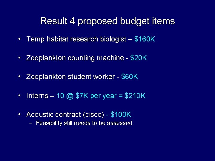 Result 4 proposed budget items • Temp habitat research biologist – $160 K •