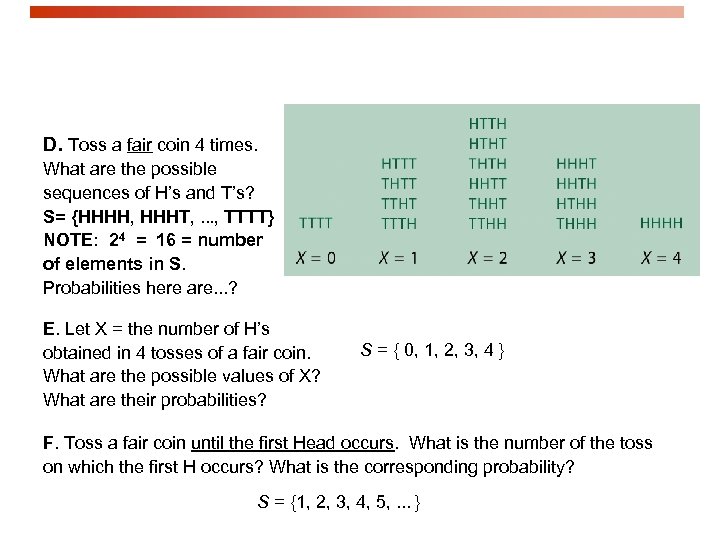 D. Toss a fair coin 4 times. What are the possible sequences of H’s