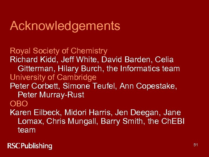 Acknowledgements Royal Society of Chemistry Richard Kidd, Jeff White, David Barden, Celia Gitterman, Hilary