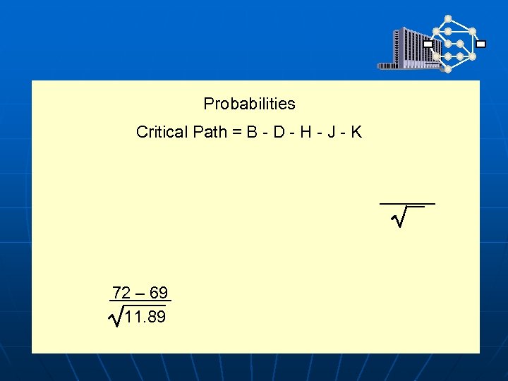 Probabilities Critical Path = B - D - H - J - K 72