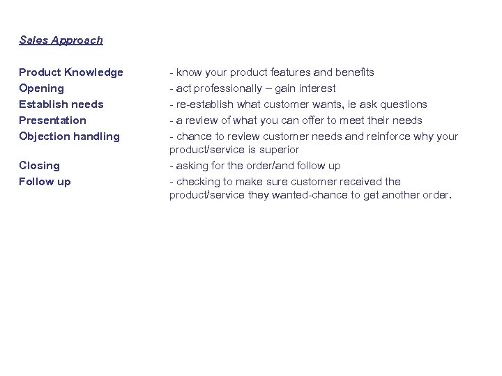 Sales Approach Product Knowledge Opening Establish needs Presentation Objection handling Closing Follow up -