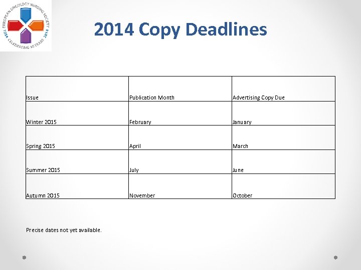 2014 Copy Deadlines Issue Publication Month Advertising Copy Due Winter 2015 February January Spring