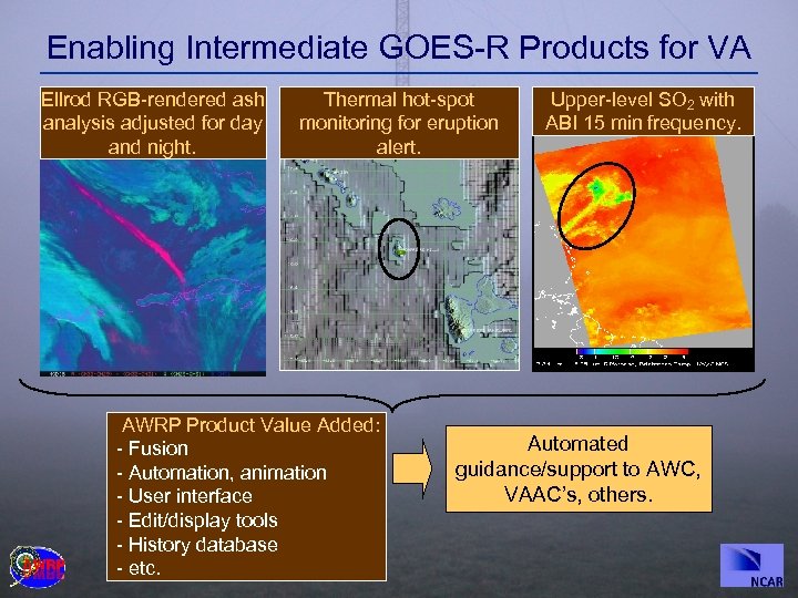 Enabling Intermediate GOES-R Products for VA Ellrod RGB-rendered ash analysis adjusted for day and