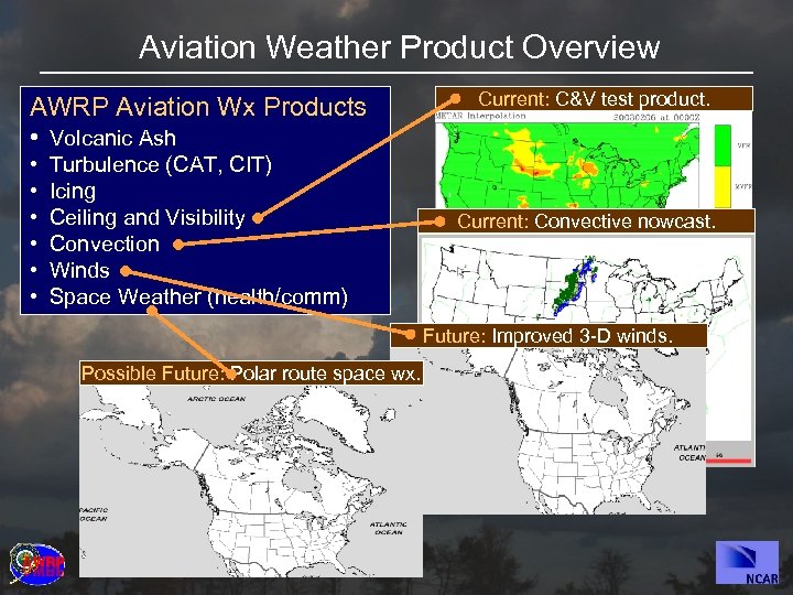 Aviation Weather Product Overview AWRP Aviation Wx Products Current: C&V test product. • Volcanic
