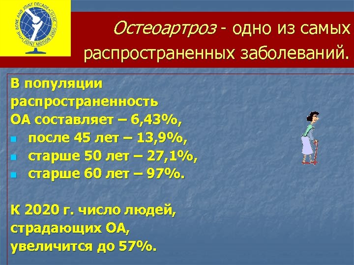 Остеоартроз - одно из самых распространенных заболеваний. В популяции распространенность ОА составляет – 6,