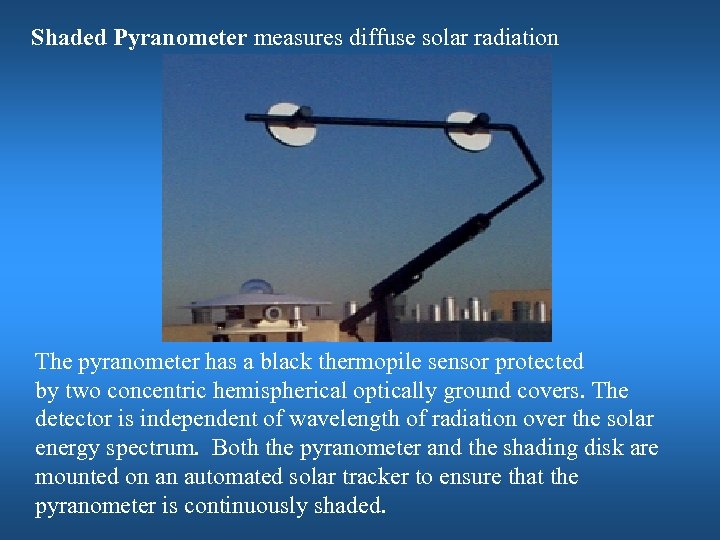 Shaded Pyranometer measures diffuse solar radiation The pyranometer has a black thermopile sensor protected
