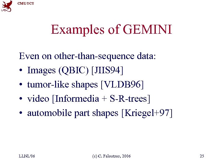 CMU SCS Examples of GEMINI Even on other-than-sequence data: • Images (QBIC) [JIIS 94]