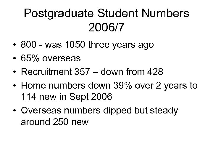 Postgraduate Student Numbers 2006/7 • • 800 - was 1050 three years ago 65%