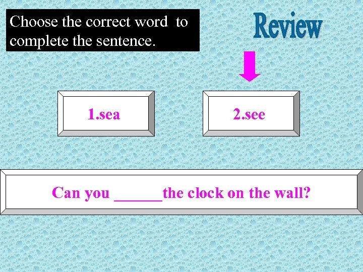 Choose the correct word to complete the sentence. 1. sea 2. see Can you